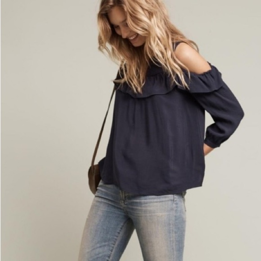 Maeve Anthropologie Brearly Navy Blue Cold Shoulder Ruffle Top Size 4 OB552830.